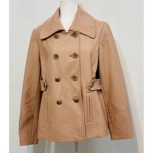 Nine West Women's Size 16 Beige Pea Coat Wool Blend Double Breasted Pockets
